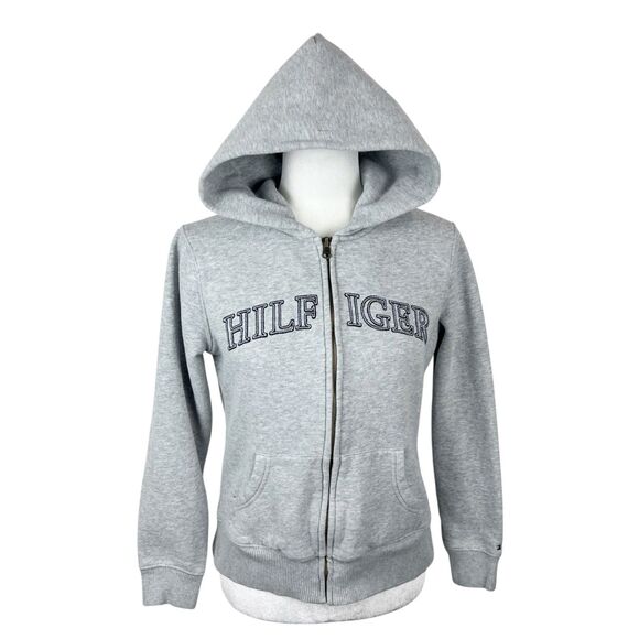 Tommy Hilfiger Sweater Women Medium Grey Zip Up Hoodie Spellout Slim Fit Casual - Picture 1 of 15